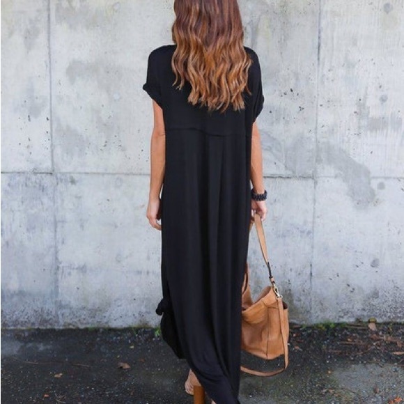 black maxi V-neck T shirt casual boho with pockets - Picture 6 of 11